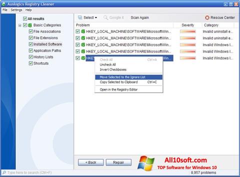 Zrzut ekranu Auslogics Registry Cleaner na Windows 10