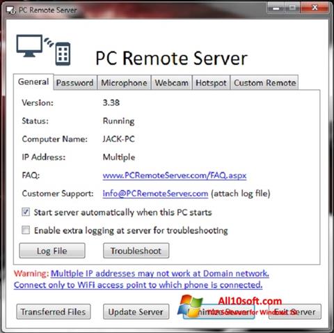 Zrzut ekranu PC Remote Server na Windows 10
