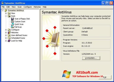 Zrzut ekranu Symantec Antivirus na Windows 10
