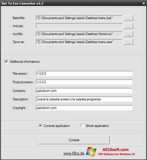 Zrzut ekranu Bat To Exe Converter na Windows 10