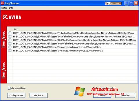 Zrzut ekranu Avira Registry Cleaner na Windows 10