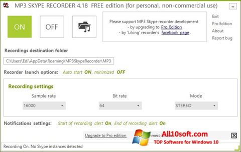 Zrzut ekranu MP3 Skype Recorder na Windows 10