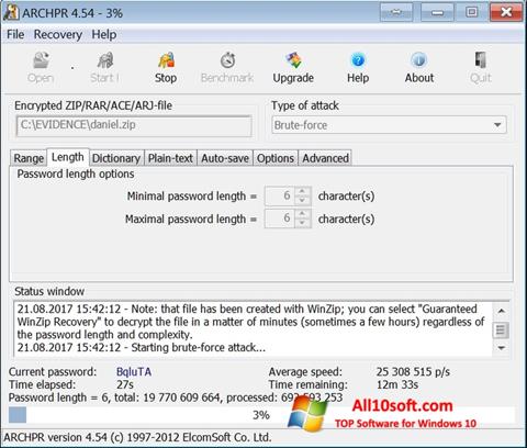 Zrzut ekranu Advanced Archive Password Recovery na Windows 10