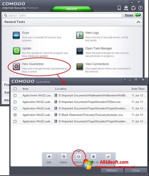 Zrzut ekranu Comodo Internet Security na Windows 10