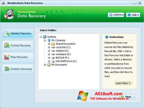 Zrzut ekranu Wondershare Data Recovery na Windows 10