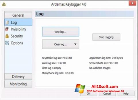 Zrzut ekranu Ardamax Keylogger na Windows 10