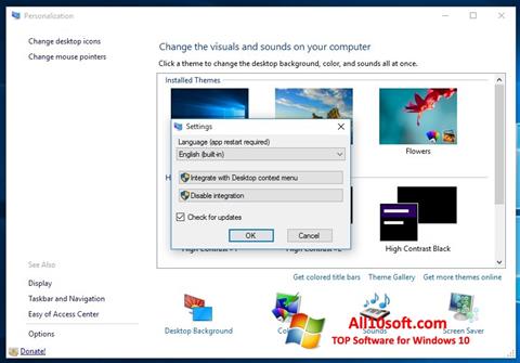 Zrzut ekranu Personalization Panel na Windows 10