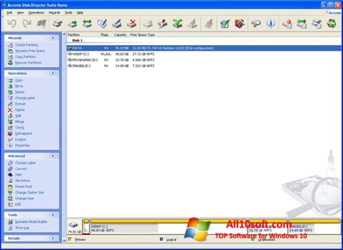 Zrzut ekranu Acronis Disk Director na Windows 10